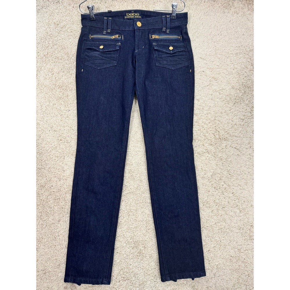 Bebe Women's Low Rise‎ Stretchy Skinny Jeans Long Thigh Zippers Size 28 Y2K USA